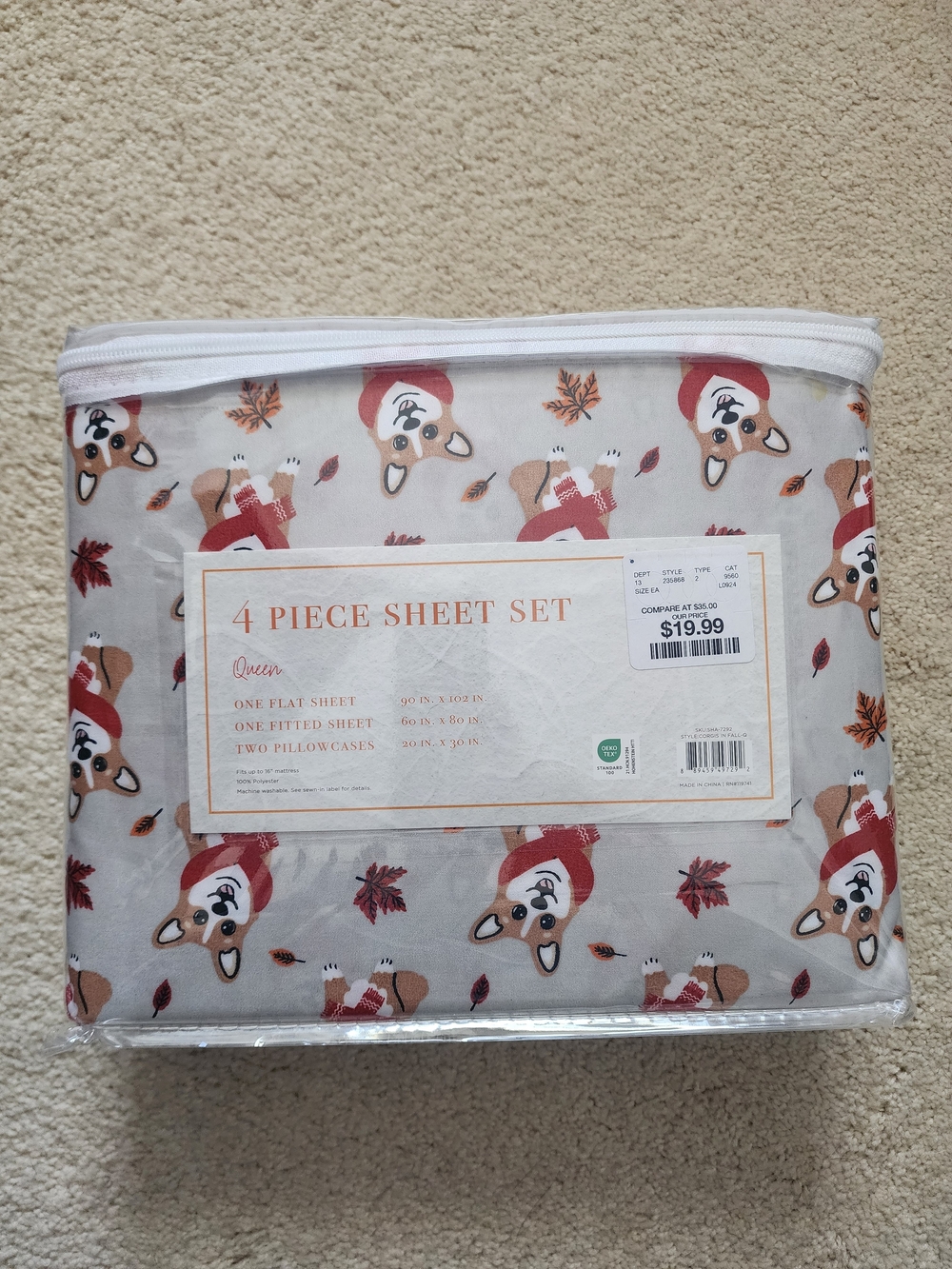 4-Piece Queen Sheet Set in Cream with Corgi Print